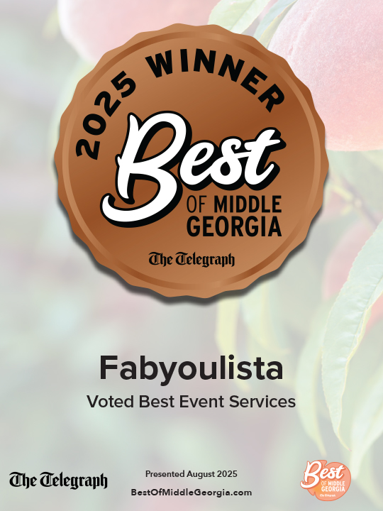 Alt text: Award badge reading “2025 Winner Best of Middle Georgia – Fabyoulista Voted Best Event Services” from The Telegraph, celebrating Fabyoulista as the top balloon décor and event services company in Middle Georgia.